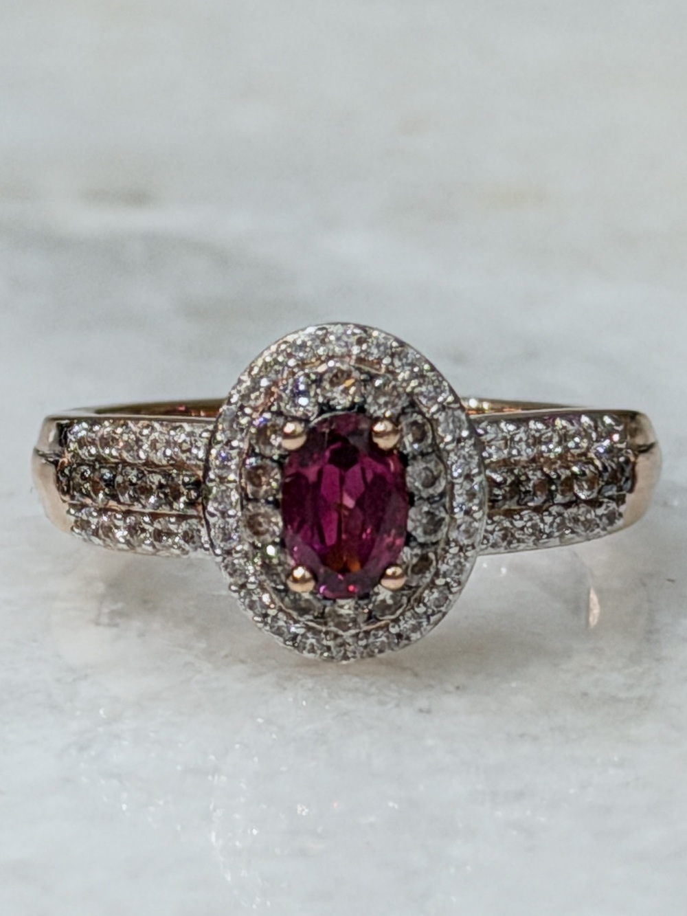 Malawi Magenta Garnet, Champagne & White Zircon RG/Sterling Silver Halo Ring Sz